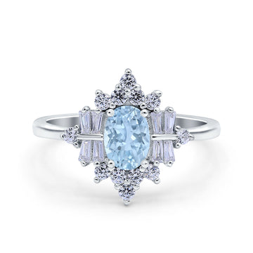 Oval Cut Halo Vintage Wedding Ring Simulated Aquamarine CZ 925 Sterling Silver